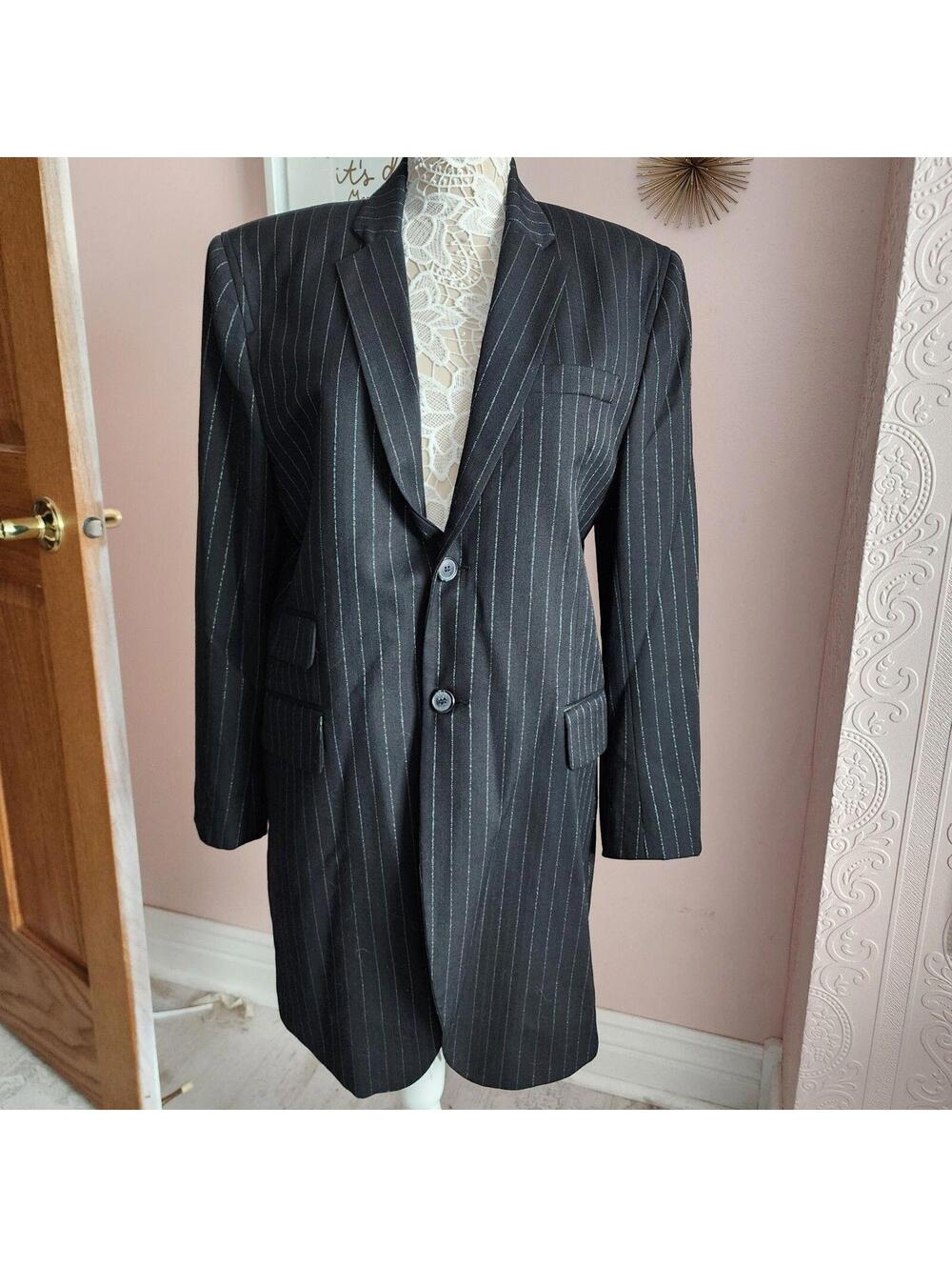 GRIFFIN Melbourne Black Pinstripe Long Wool Blazer Metallic Thread M L - Picture 5 of 9